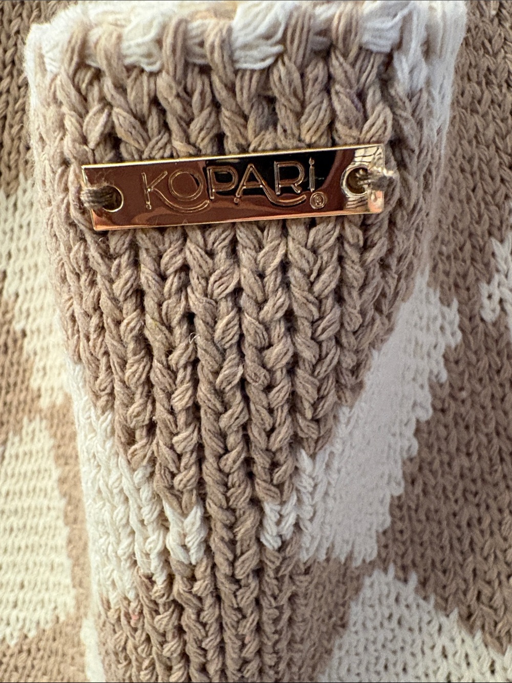 Kopari Woven Checker Knit Tote Bag in Cream and Tan - Picture 2 of 5